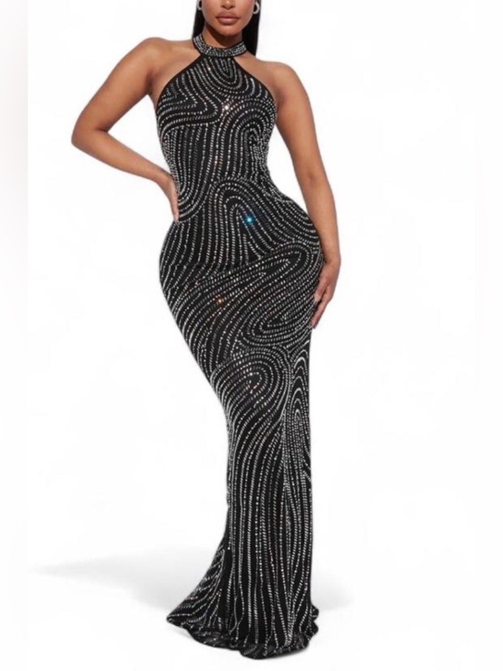 Fashion Nova Black Rhinestone Halter Backless Column Gown